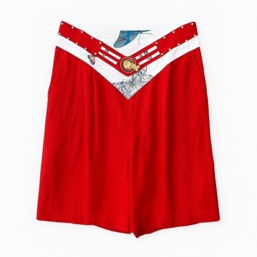 Vintage IIF Red Butterfly High Waisted Shorts Gold Medallion Belt Size 12 USA
